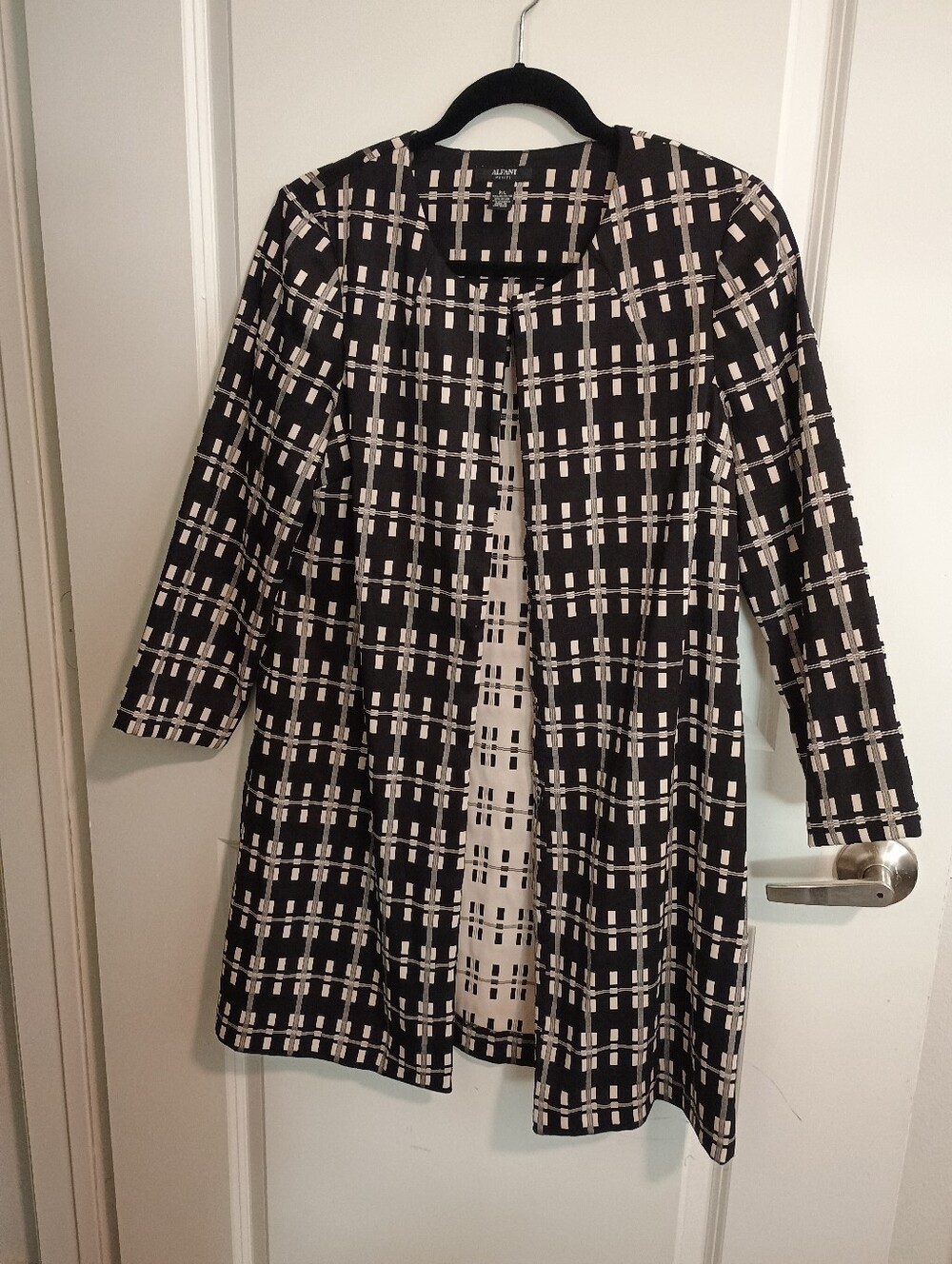 Alfani Black and Cream Plaid Long-Sleeve Open Cardigan